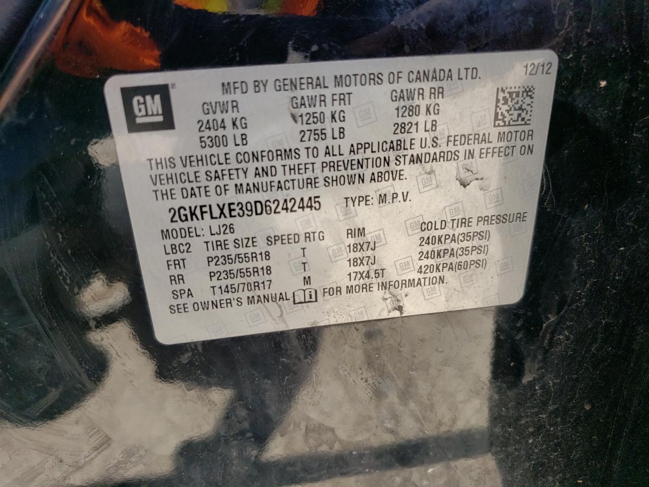 2013 GMC Terrain Slt VIN: 2GKFLXE39D6242445 Lot: 62612634