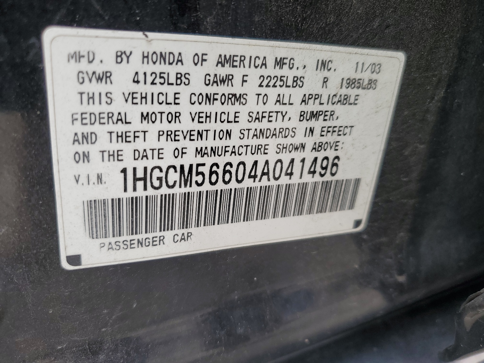 1HGCM56604A041496 2004 Honda Accord Ex