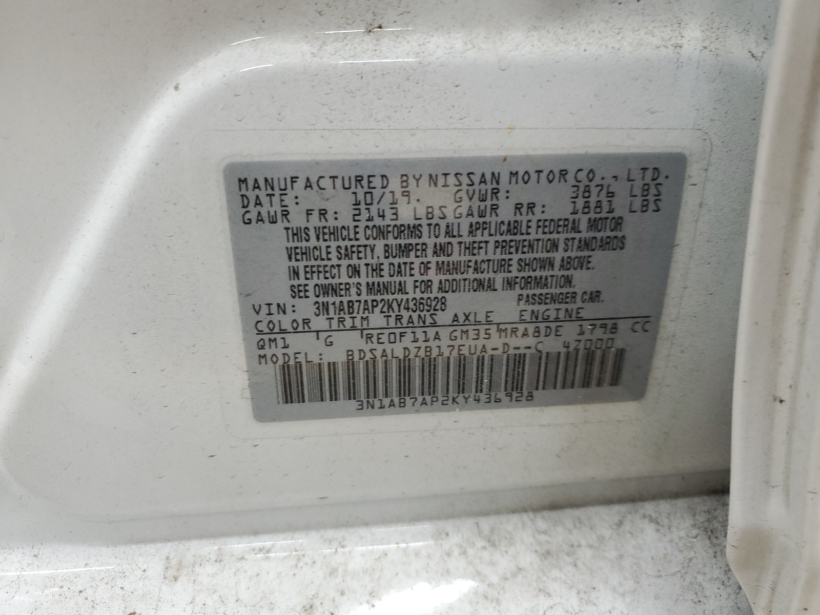 3N1AB7AP2KY436928 2019 Nissan Sentra S