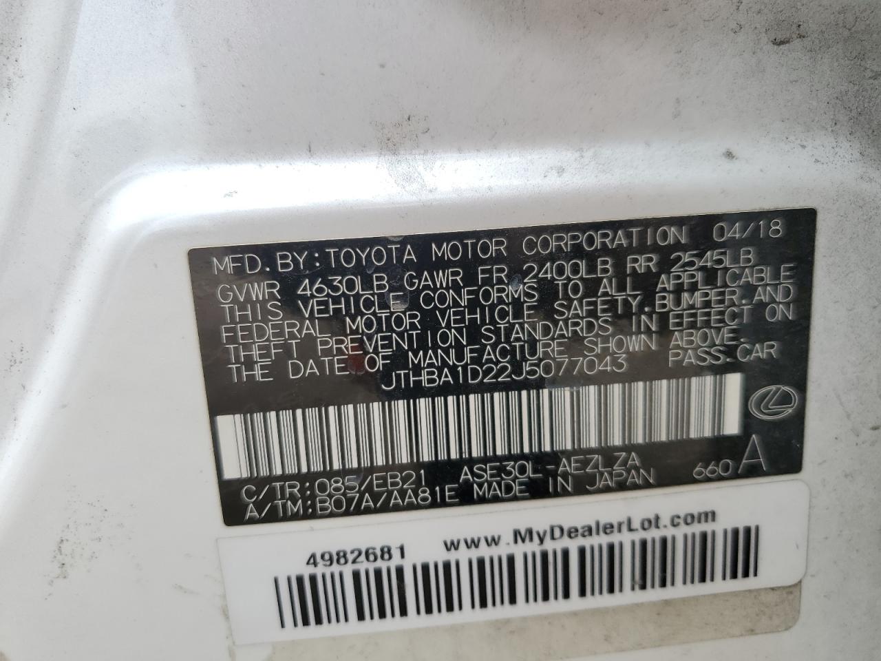 2018 Lexus Is 300 VIN: JTHBA1D22J5077043 Lot: 63716954