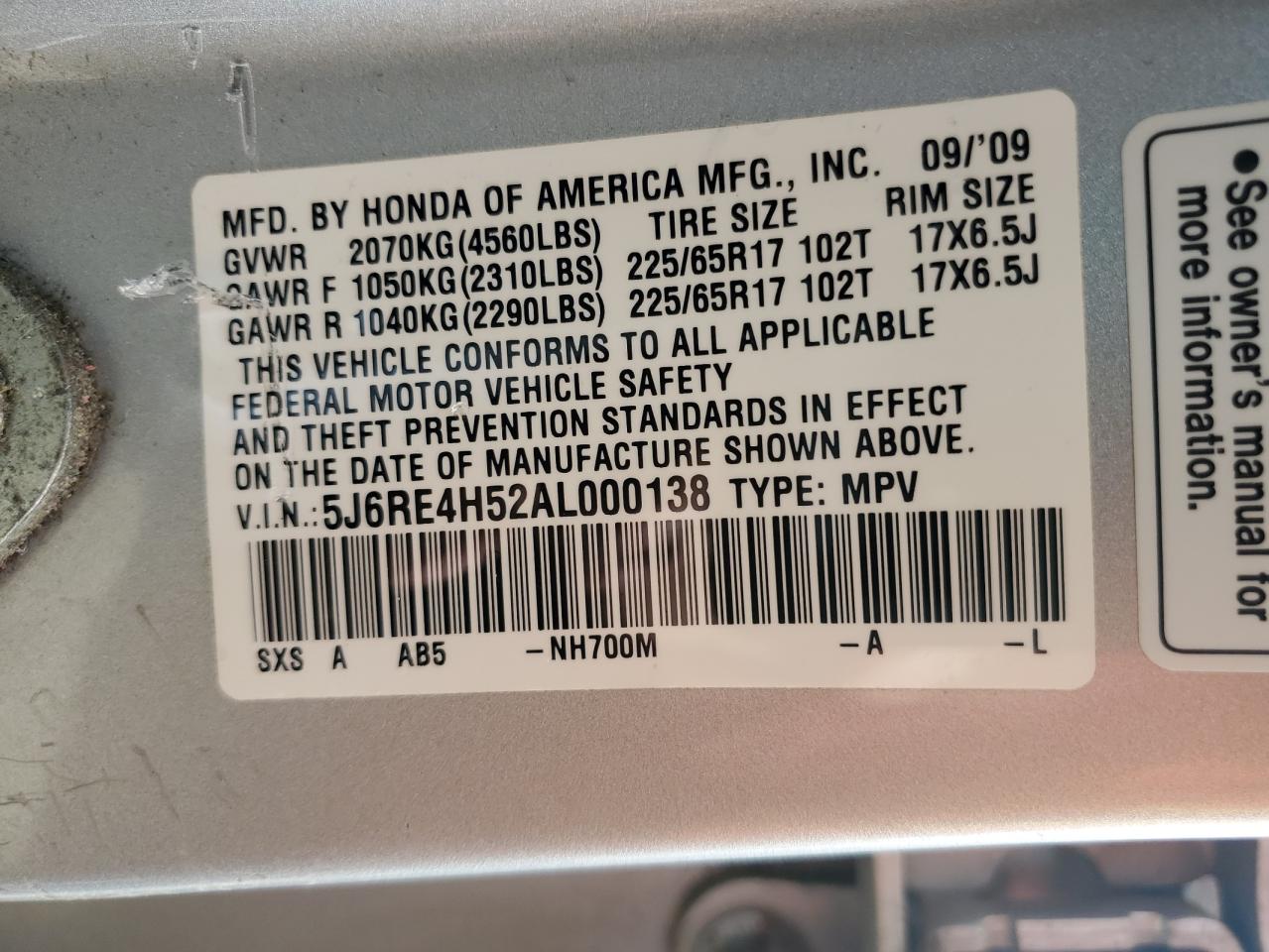 2010 Honda Cr-V Ex VIN: 5J6RE4H52AL000138 Lot: 63264364