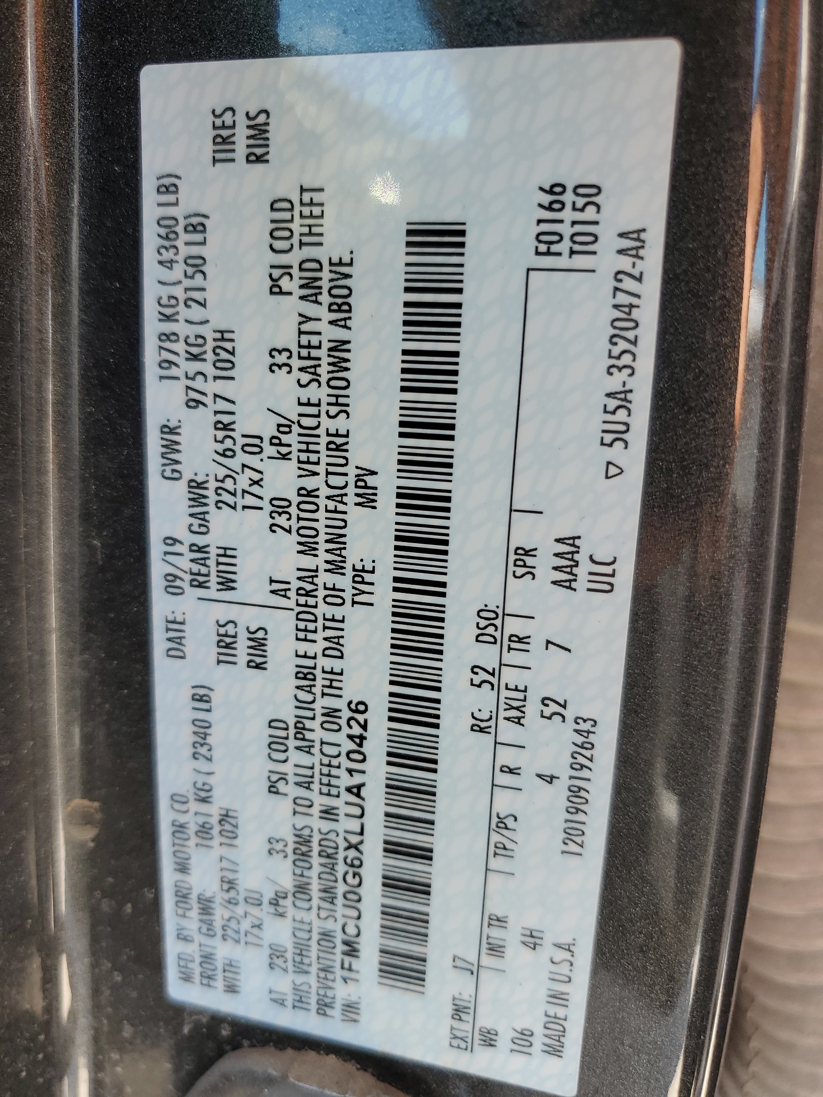 1FMCU0G6XLUA10426 2020 Ford Escape Se