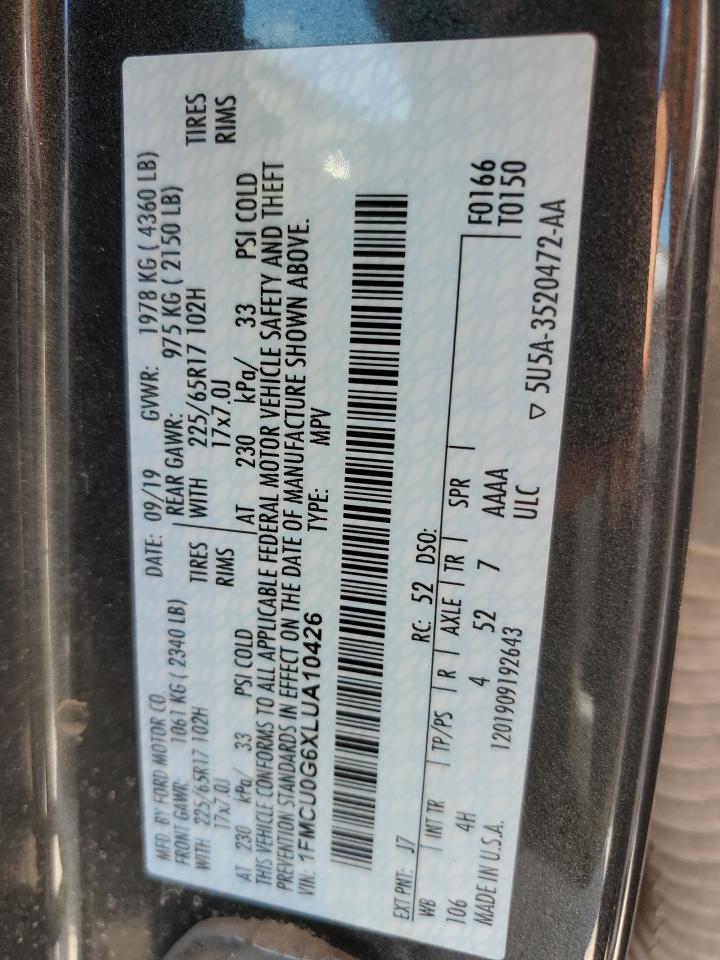 2020 Ford Escape Se VIN: 1FMCU0G6XLUA10426 Lot: 63760874