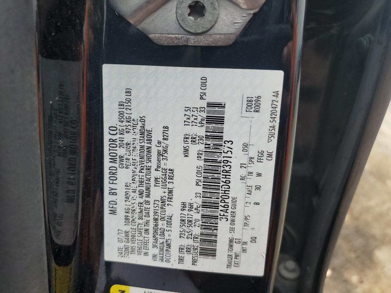 2017 Ford Fusion Se VIN: 3FA6P0HD6HR391573 Lot: 64636914