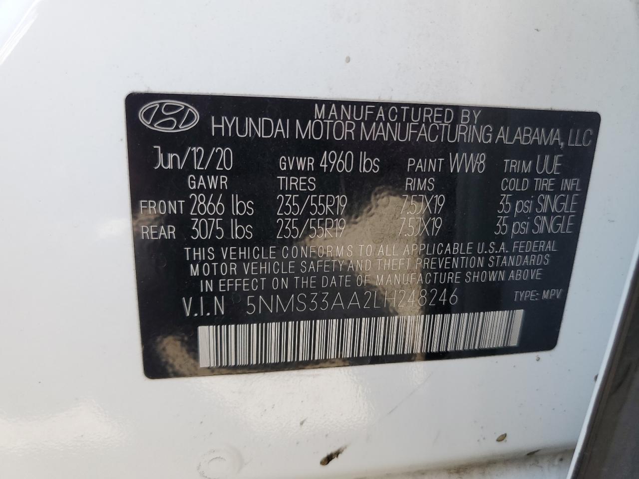 5NMS33AA2LH248246 2020 Hyundai Santa Fe Sel