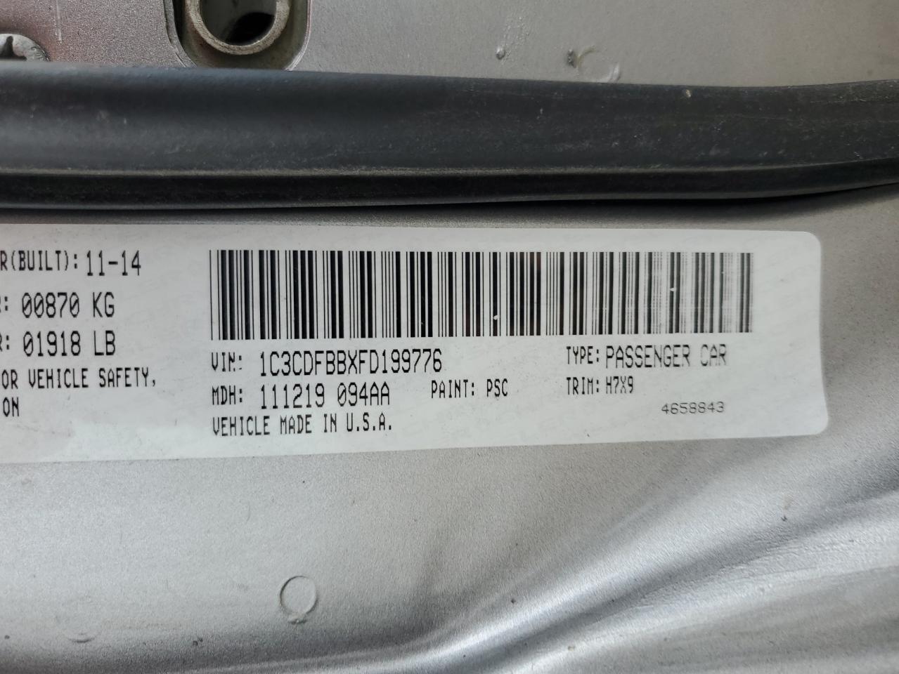 2015 Dodge Dart Sxt VIN: 1C3CDFBBXFD199776 Lot: 61447324