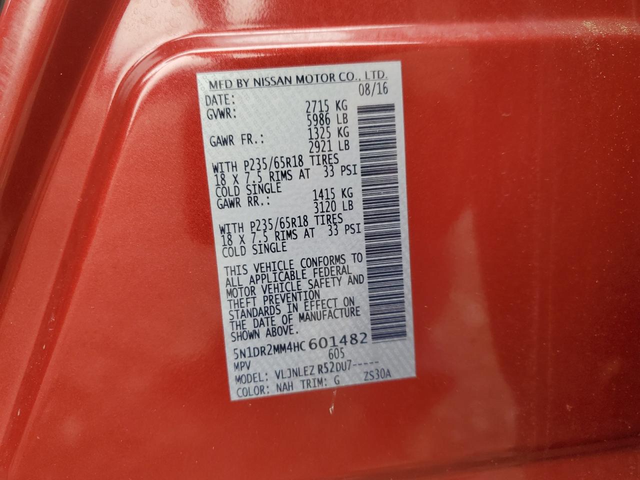 2017 Nissan Pathfinder S VIN: 5N1DR2MM4HC601482 Lot: 63846684