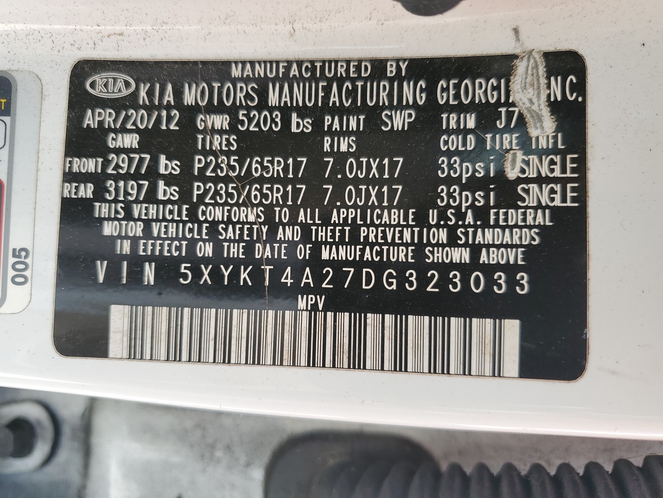 5XYKT4A27DG323033 2013 Kia Sorento Lx