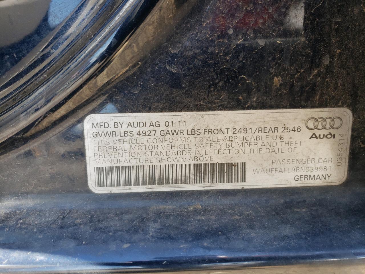 2011 Audi A4 Premium Plus VIN: WAUFFAFL9BN039981 Lot: 61699064