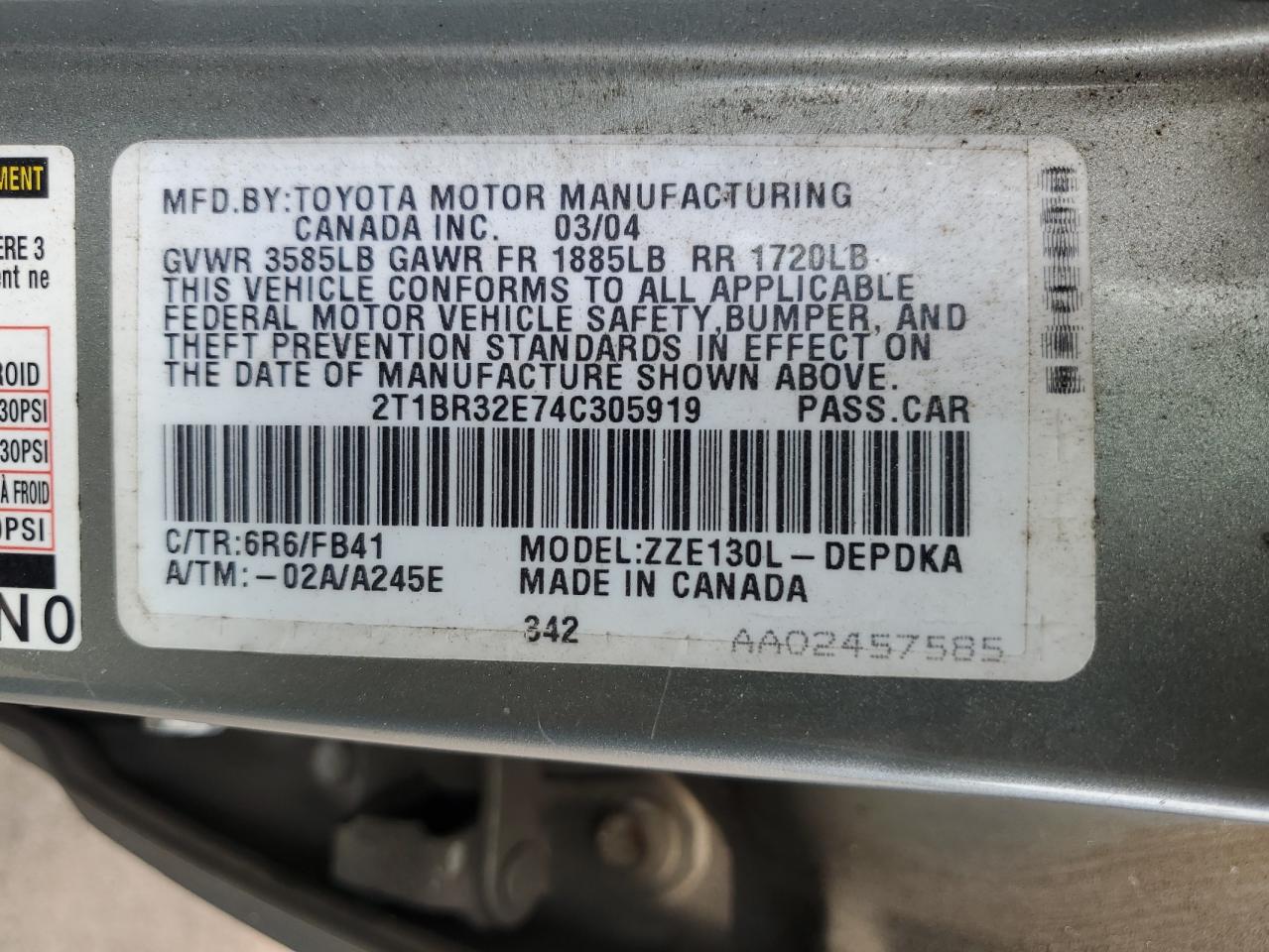 2004 Toyota Corolla Ce VIN: 2T1BR32E74C305919 Lot: 64670044