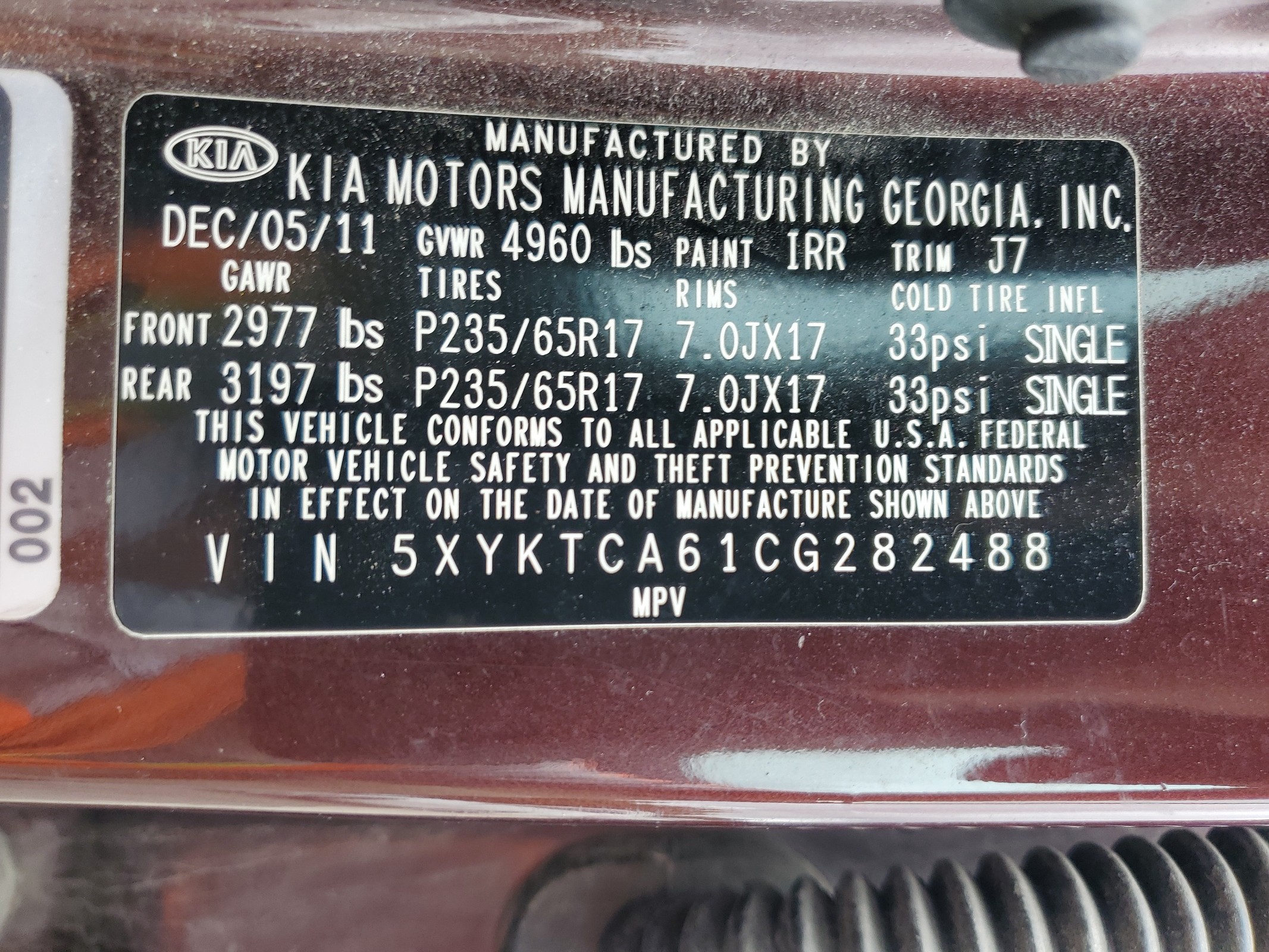 5XYKTCA61CG282488 2012 Kia Sorento Base