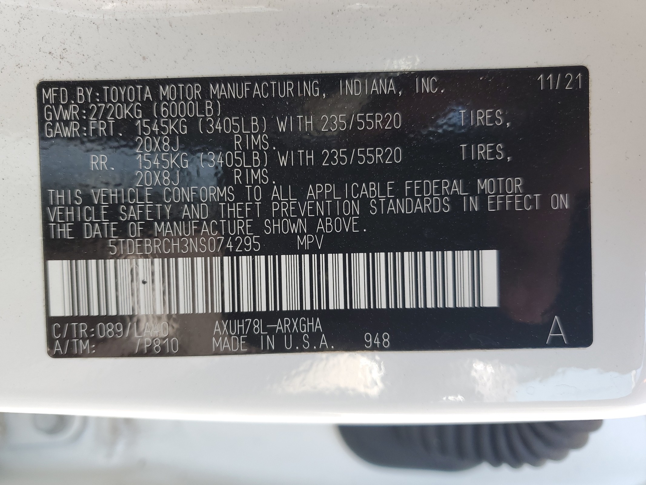 5TDEBRCH3NS074295 2022 Toyota Highlander Hybrid Platinum