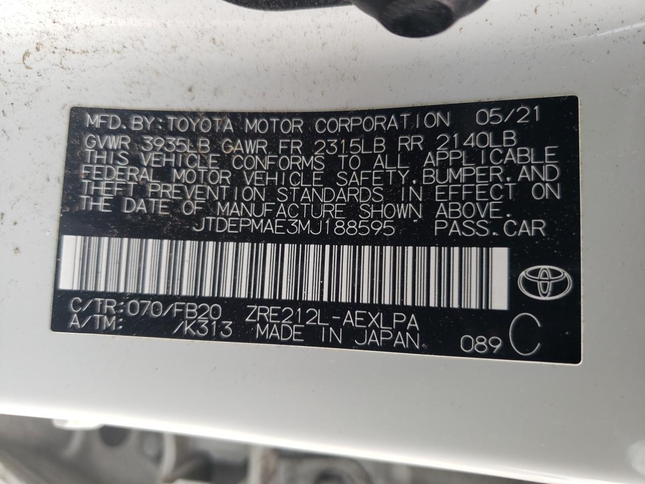 2021 Toyota Corolla Le VIN: JTDEPMAE3MJ188595 Lot: 65005154