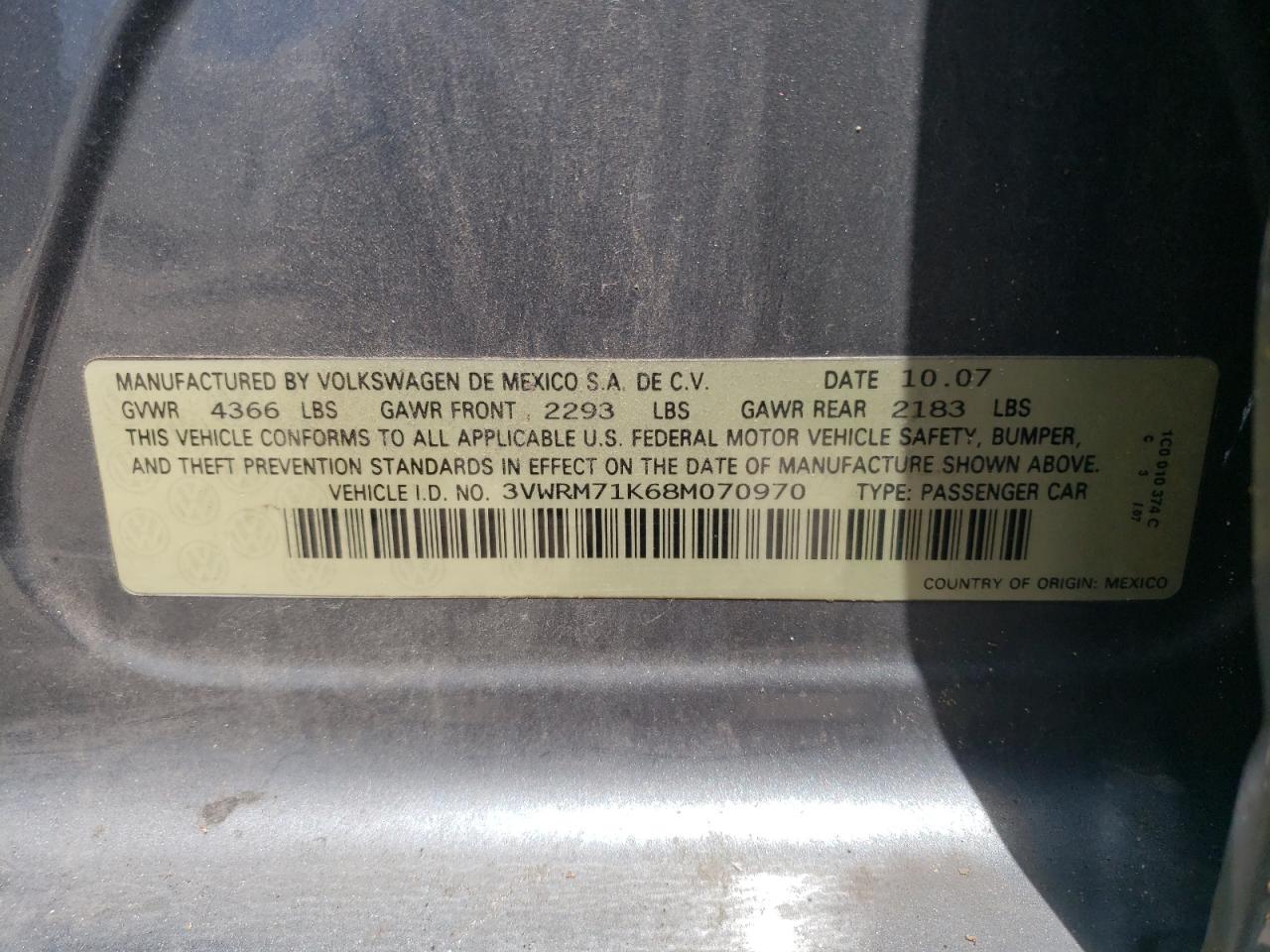 2008 Volkswagen Jetta Se VIN: 3VWRM71K68M070970 Lot: 63395164