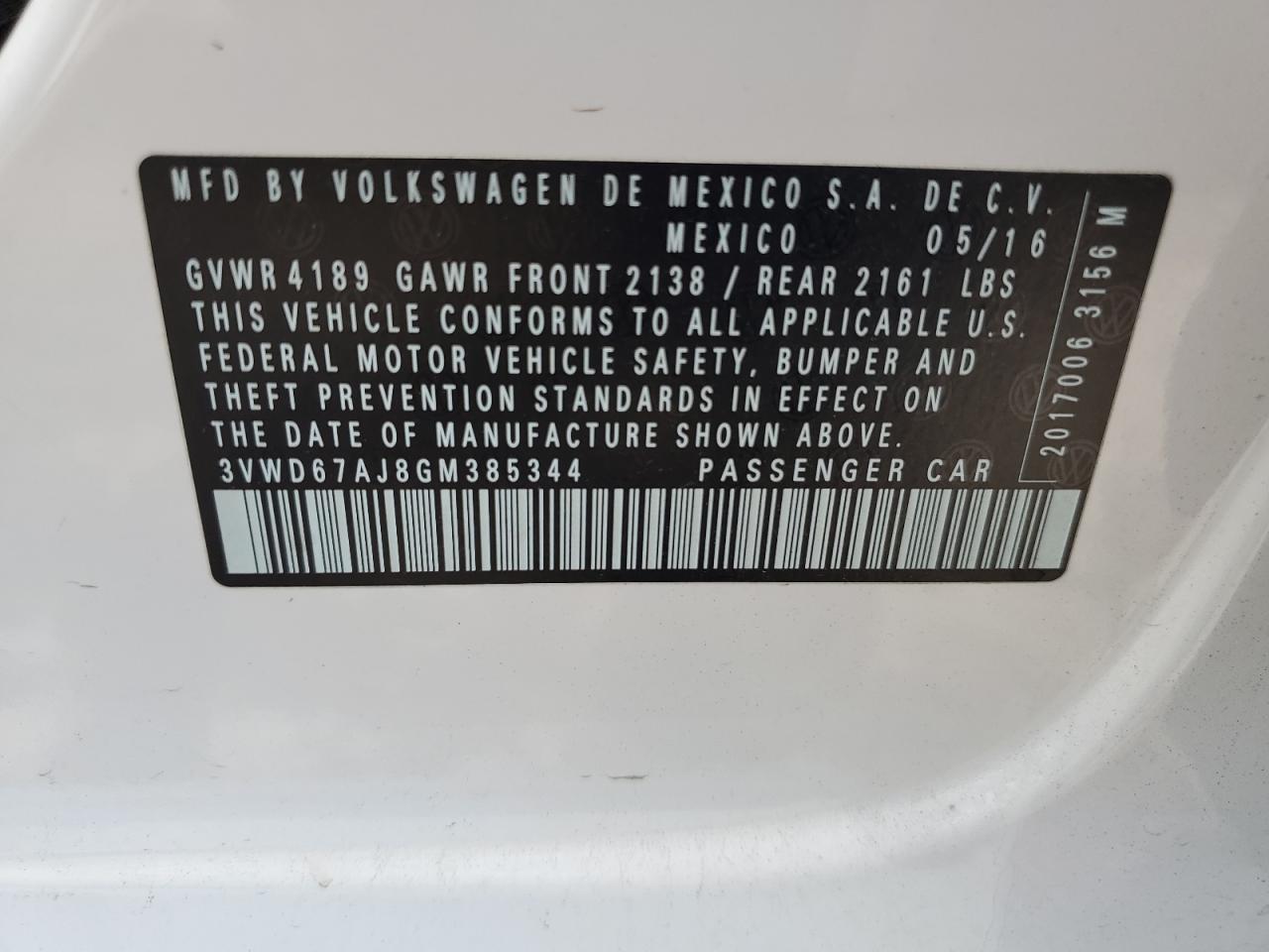 2016 Volkswagen Jetta Se VIN: 3VWD67AJ8GM385344 Lot: 61003614