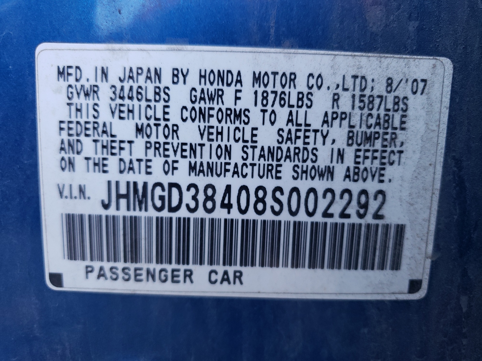 JHMGD38408S002292 2008 Honda Fit