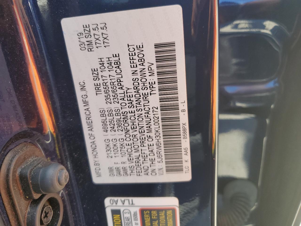 2019 Honda Cr-V Lx VIN: 5J6RW6H30KL002172 Lot: 62638064