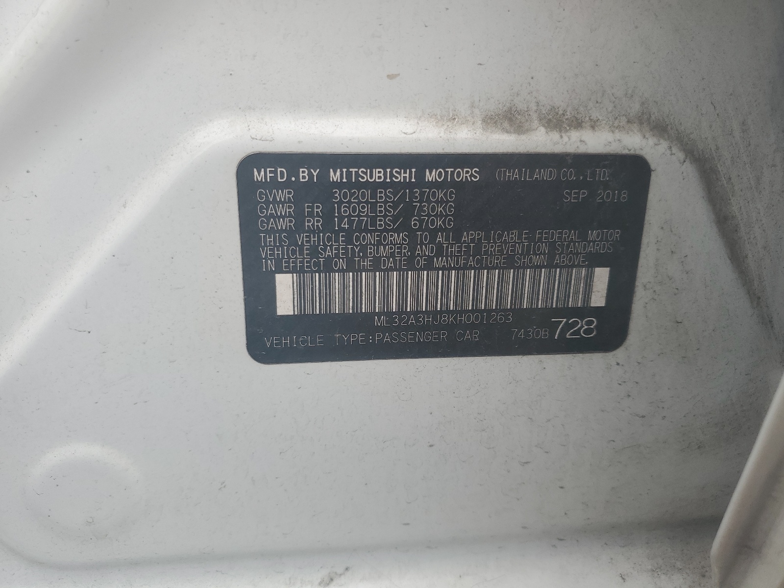 ML32A3HJ8KH001263 2019 Mitsubishi Mirage Es