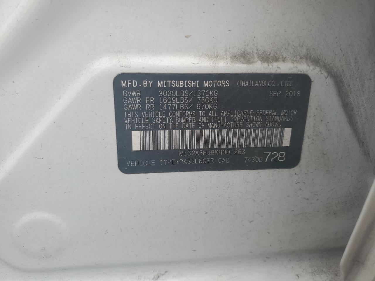 2019 Mitsubishi Mirage Es VIN: ML32A3HJ8KH001263 Lot: 64740364