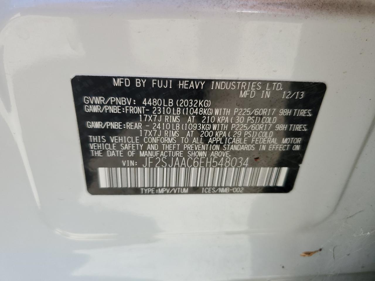 2014 Subaru Forester 2.5I VIN: JF2SJAAC6EH548034 Lot: 65573694