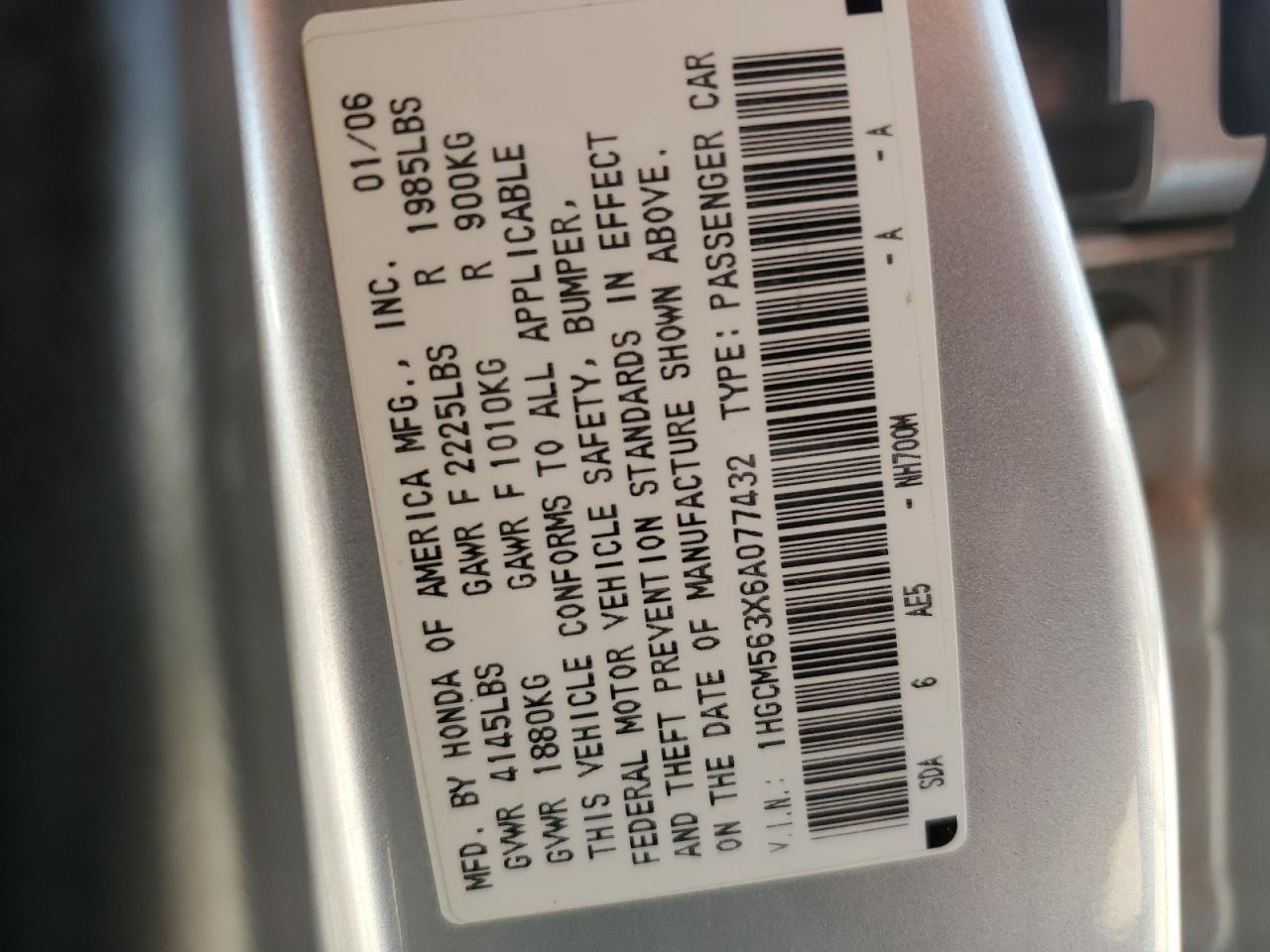 2006 Honda Accord Se VIN: 1HGCM563X6A077432 Lot: 64904864