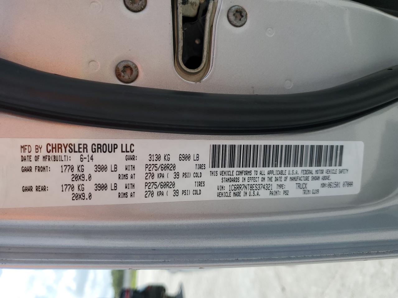 2014 Ram 1500 Laramie VIN: 1C6RR7NT8ES374321 Lot: 64027404