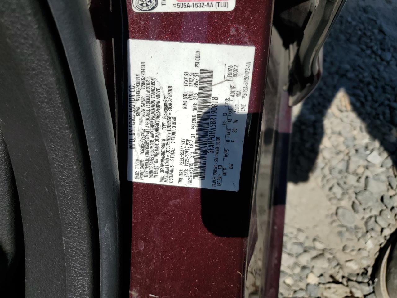 2011 Ford Fusion Se VIN: 3FAHP0HA5BR190818 Lot: 59793734