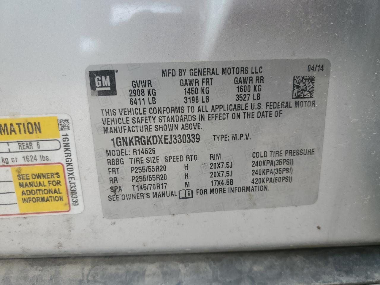 2014 Chevrolet Traverse Lt VIN: 1GNKRGKDXEJ330339 Lot: 62892504