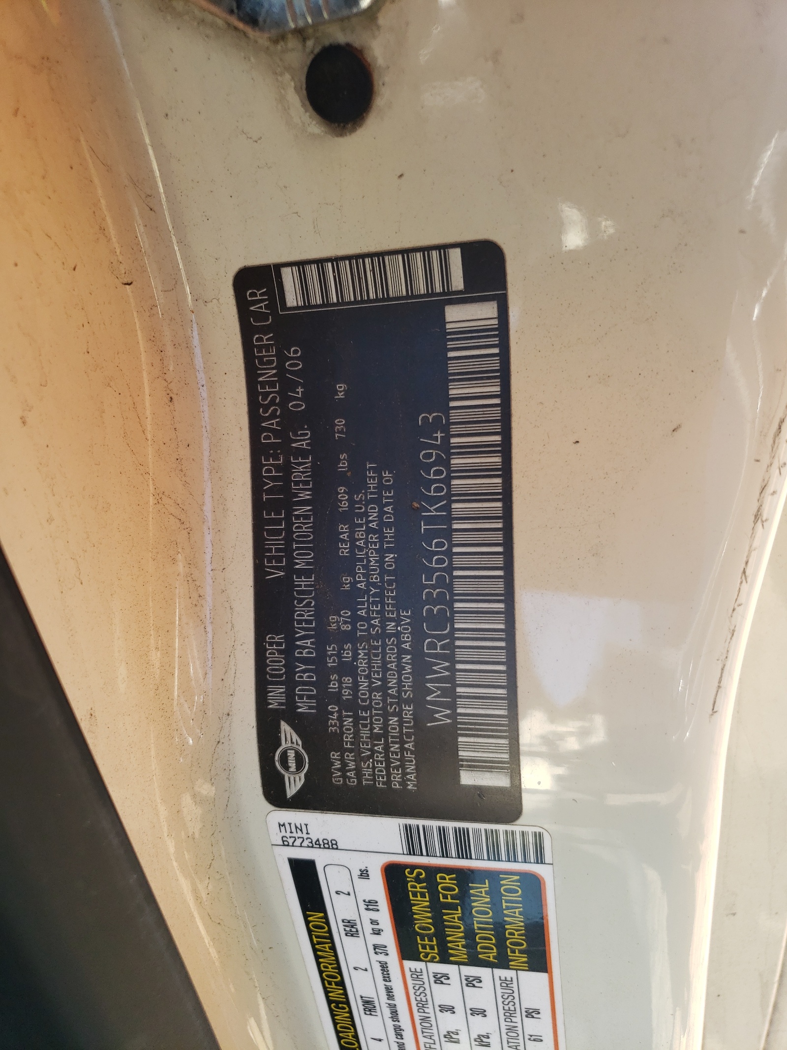 WMWRC33566TK66943 2006 Mini Cooper