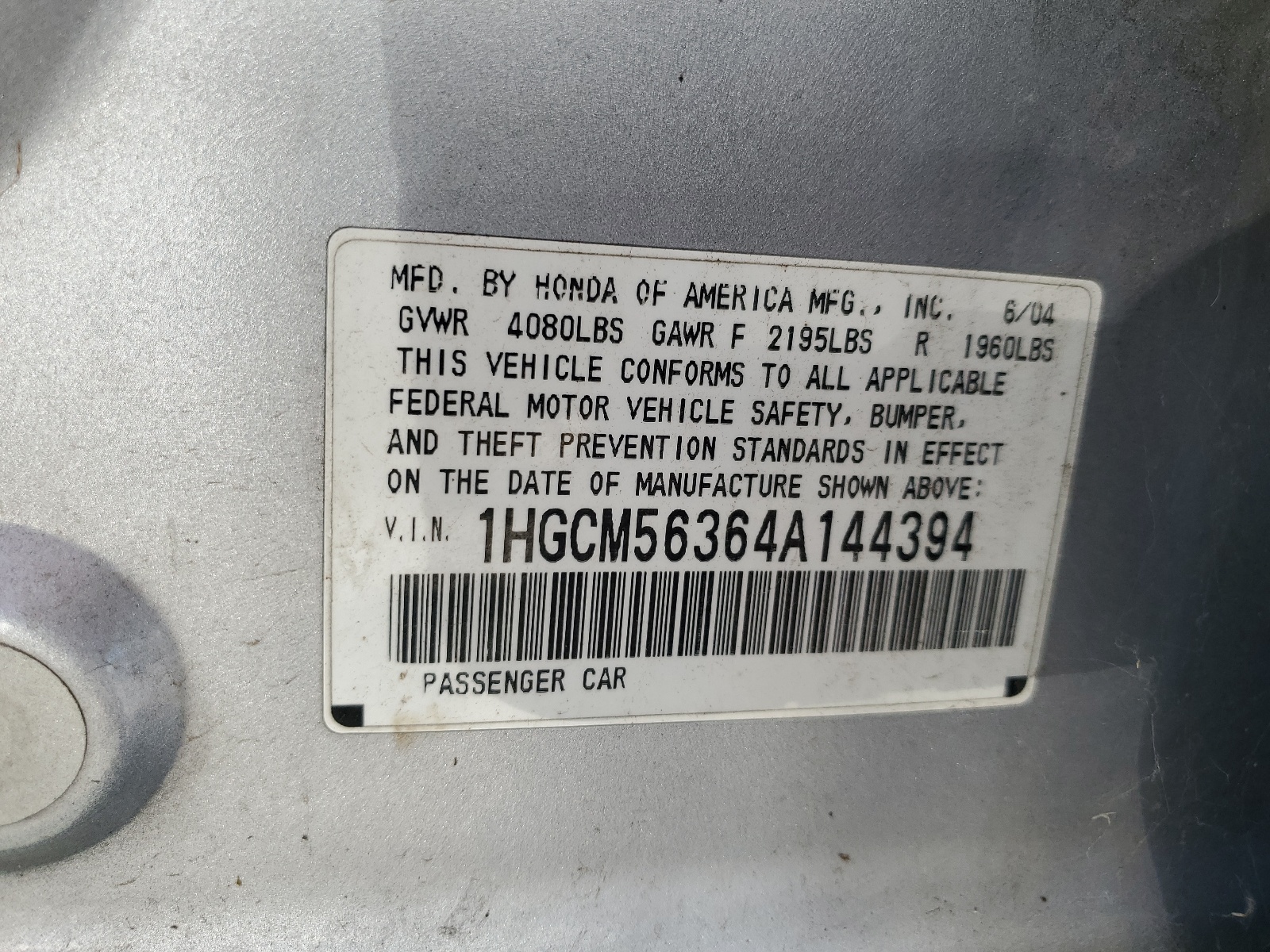 1HGCM56364A144394 2004 Honda Accord Lx