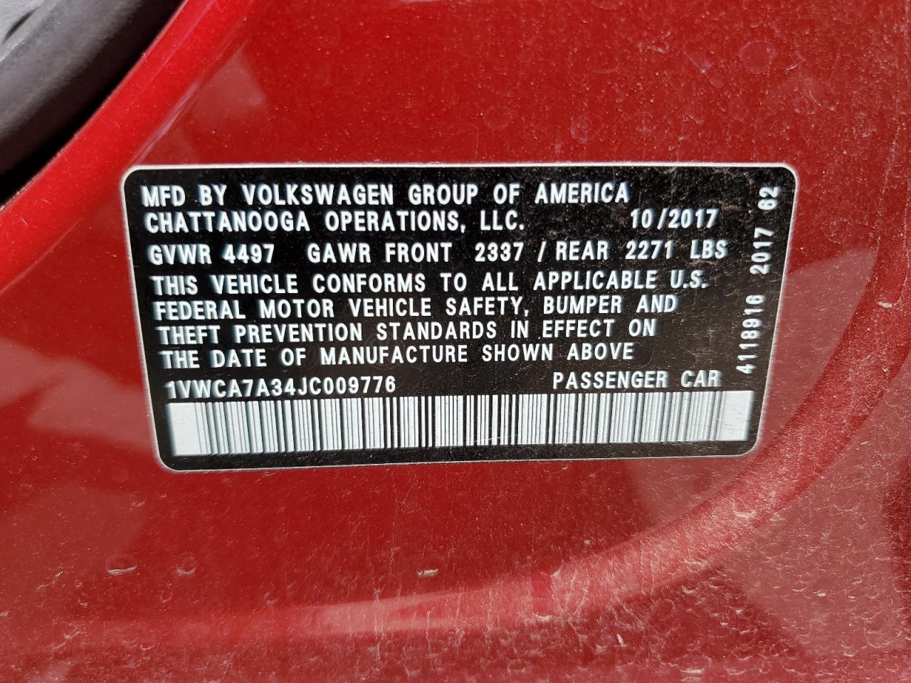 2018 Volkswagen Passat Sel Premium VIN: 1VWCA7A34JC009776 Lot: 65492844