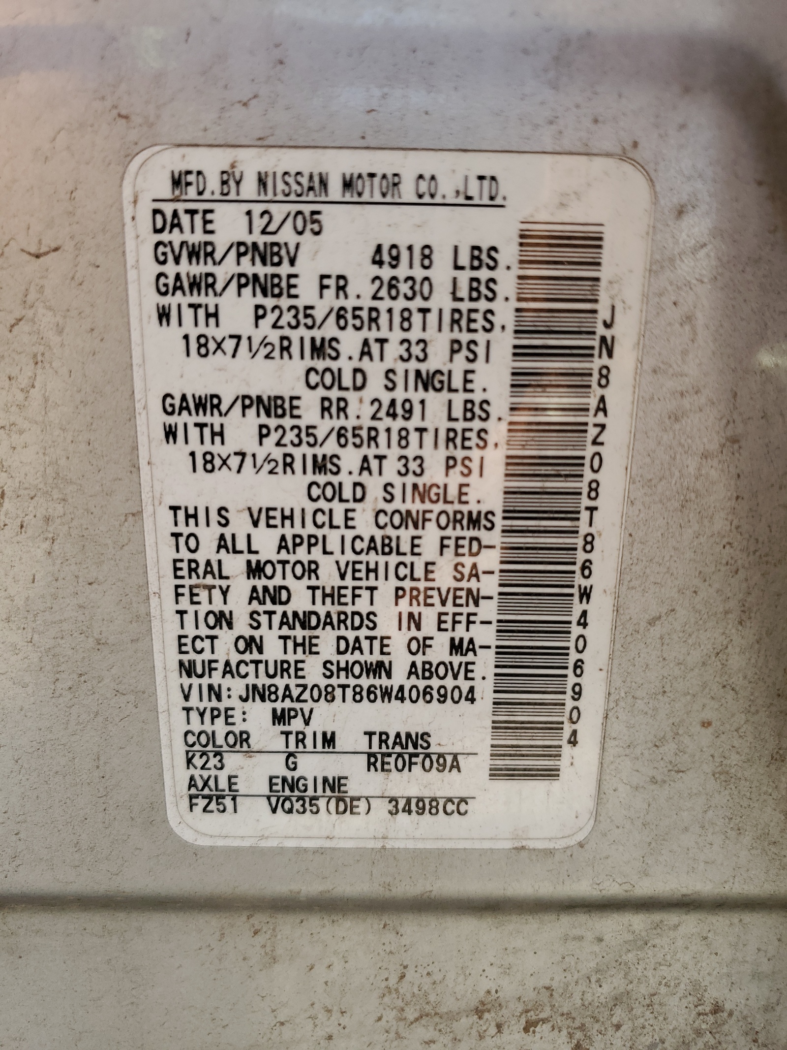 JN8AZ08T86W406904 2006 Nissan Murano Sl