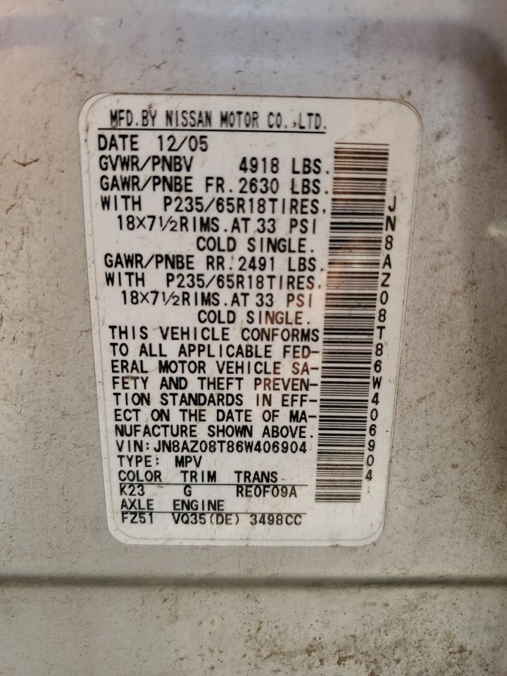 2006 Nissan Murano Sl VIN: JN8AZ08T86W406904 Lot: 64831953