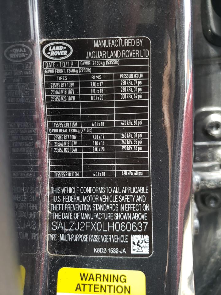 2020 Land Rover Range Rover Evoque S VIN: SALZJ2FX0LH060637 Lot: 62046514