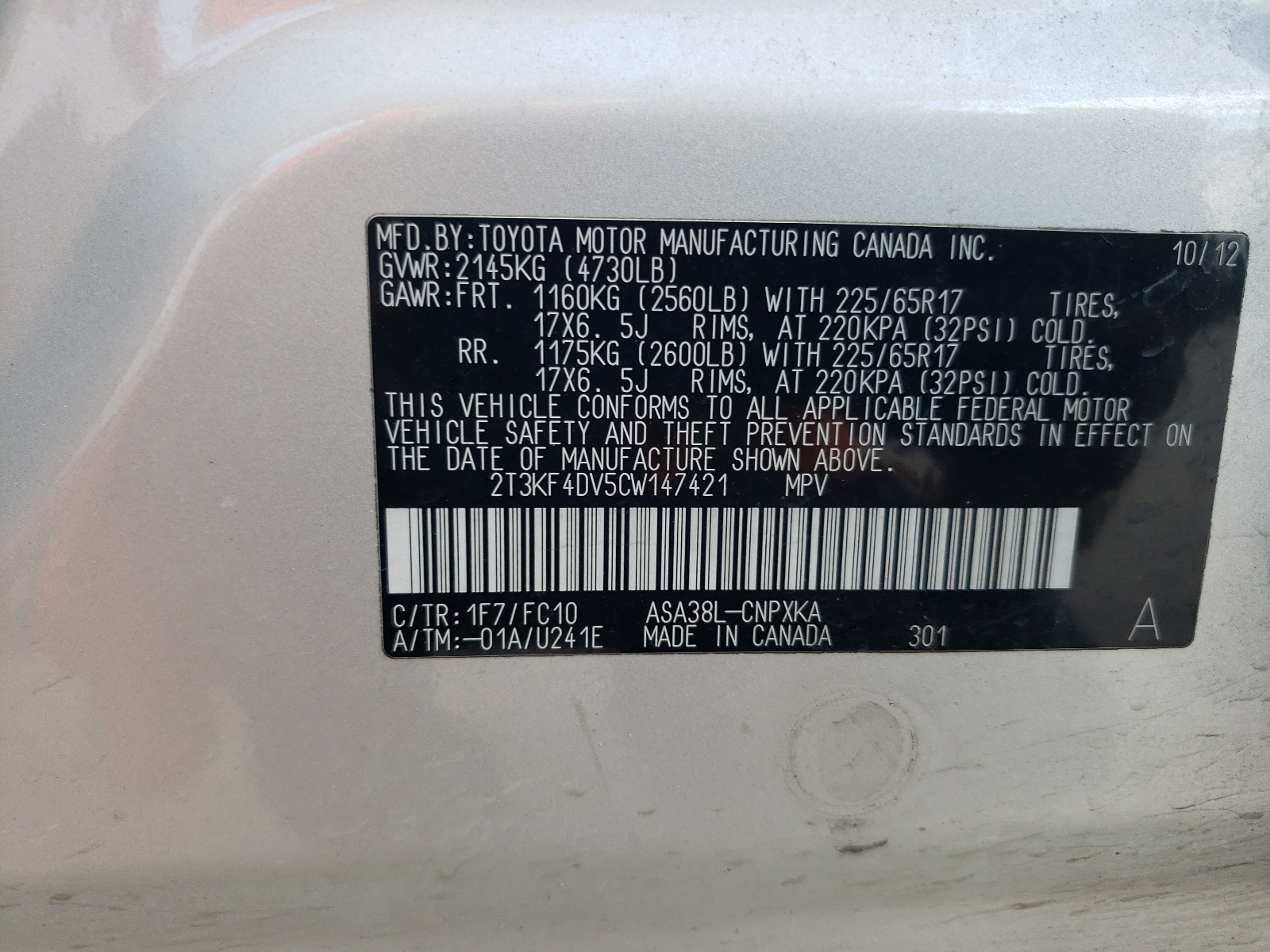 2T3KF4DV5CW147421 2012 Toyota Rav4