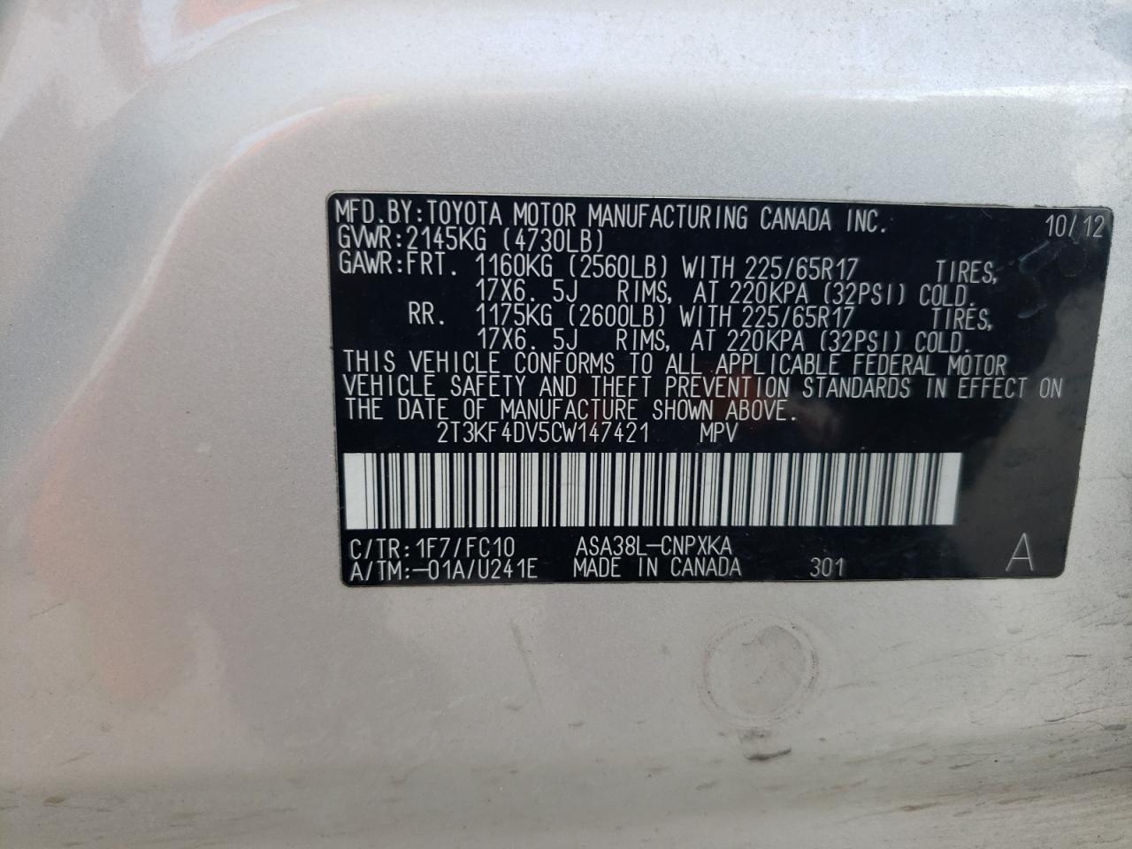 2012 Toyota Rav4 VIN: 2T3KF4DV5CW147421 Lot: 64000764