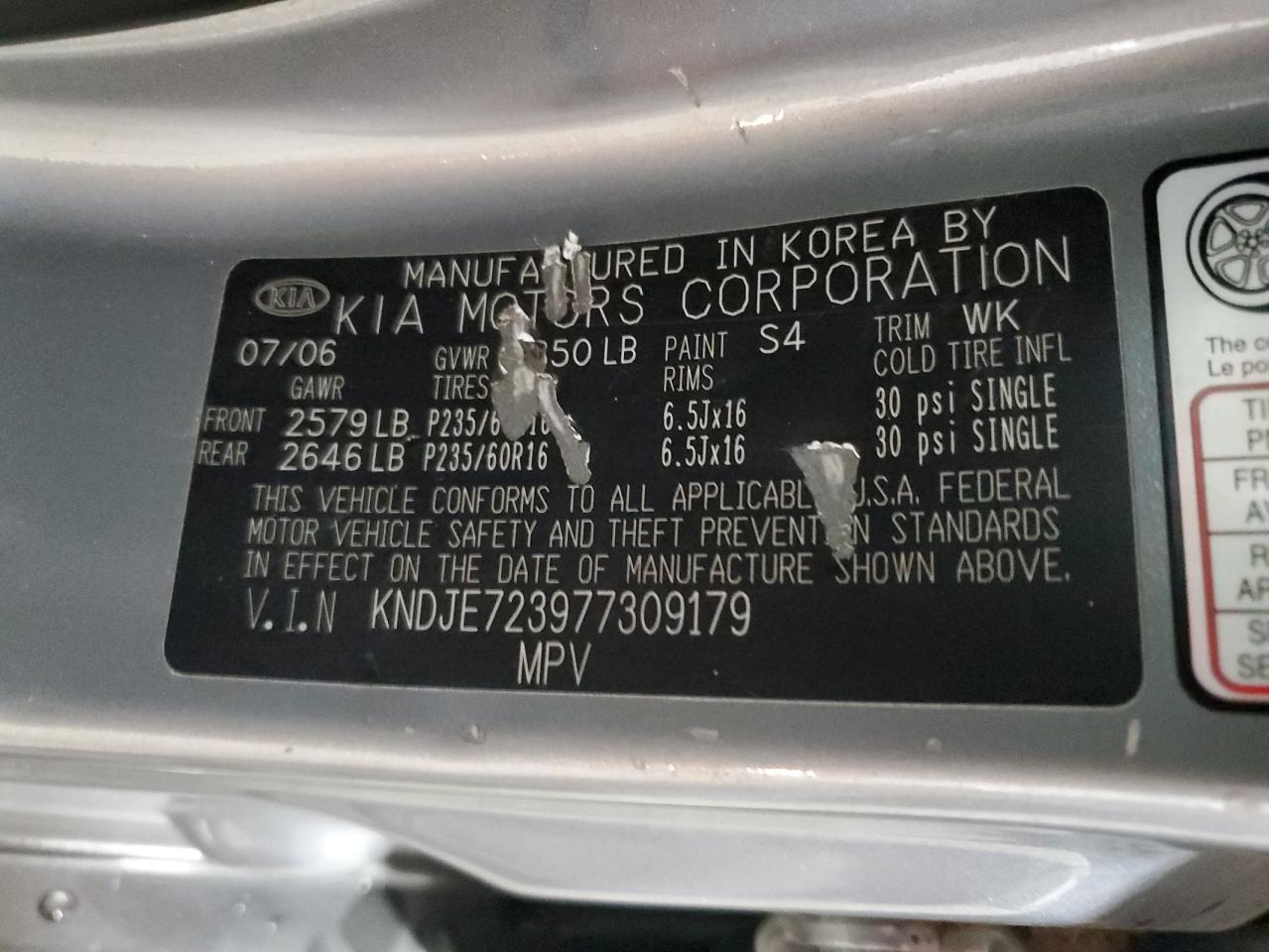 2007 Kia Sportage Ex VIN: KNDJE723977309179 Lot: 62296324