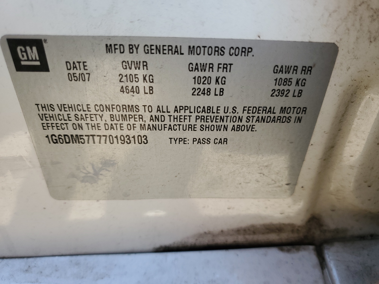 1G6DM57T770193103 2007 Cadillac Cts