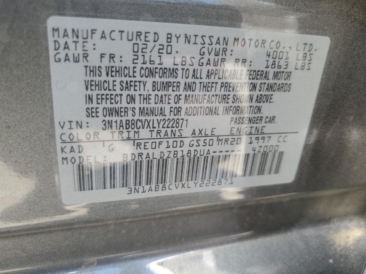 2020 Nissan Sentra Sv VIN: 3N1AB8CVXLY222871 Lot: 61711874