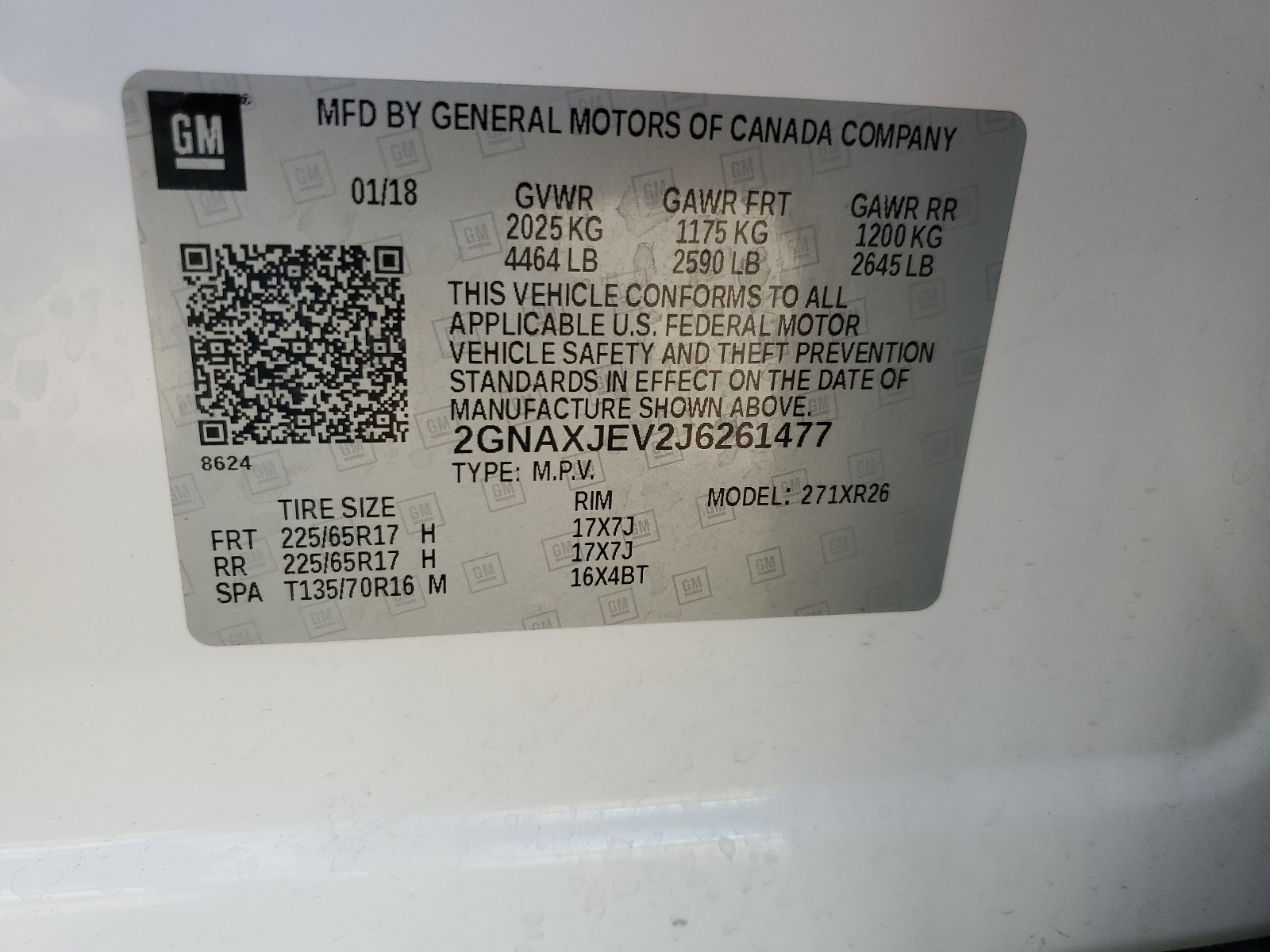 2GNAXJEV2J6261477 2018 Chevrolet Equinox Lt