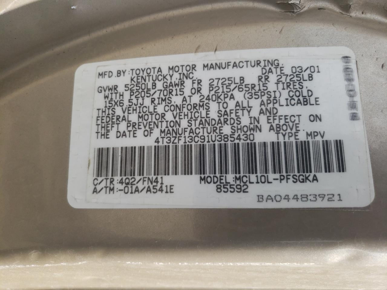 2001 Toyota Sienna Le VIN: 4T3ZF13C91U385430 Lot: 64051904