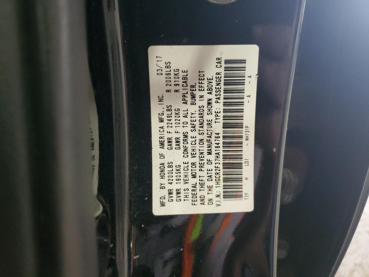 1HGCR2F37HA184764 2017 Honda Accord Lx