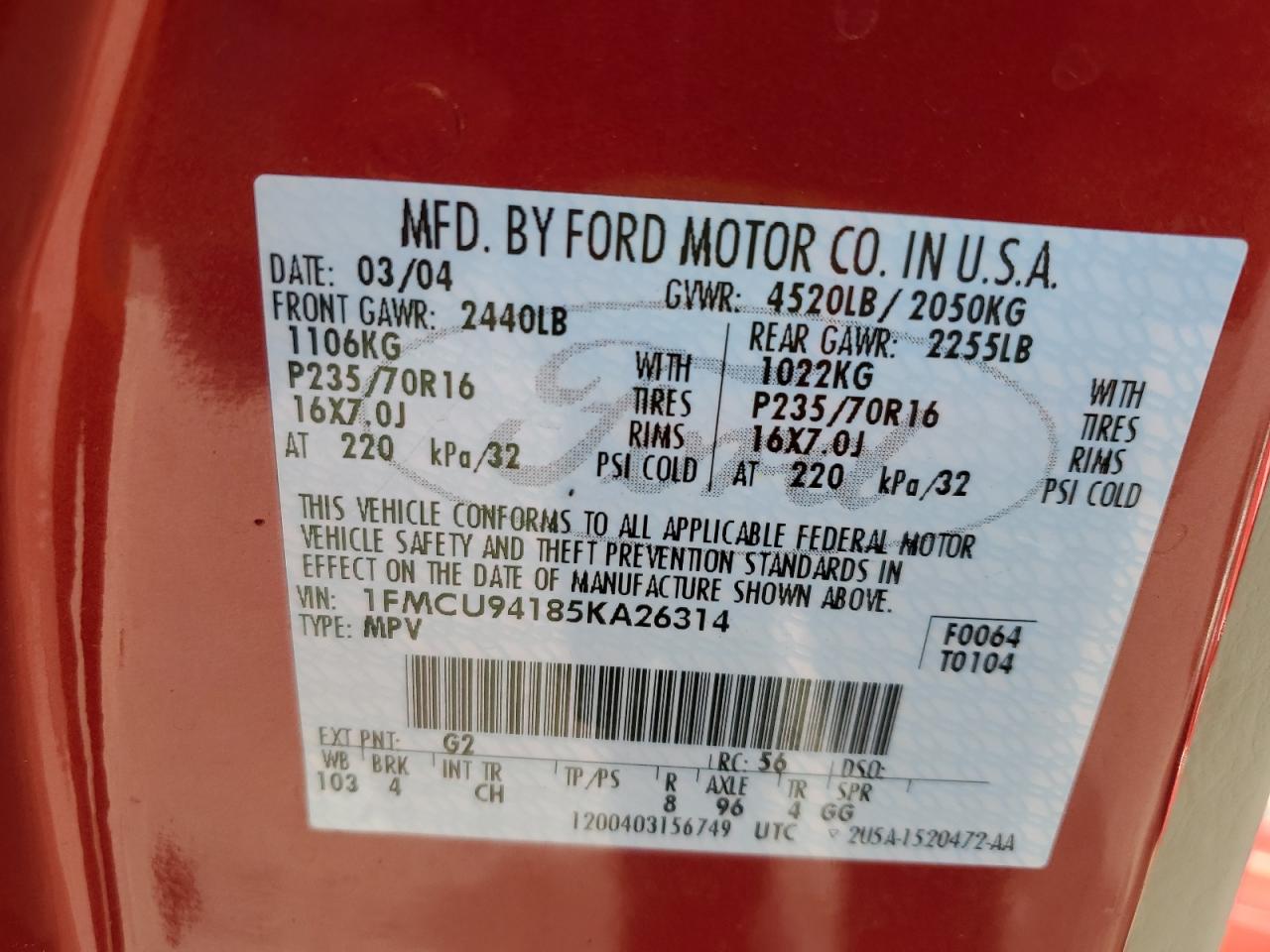 2005 Ford Escape Limited VIN: 1FMCU94185KA26314 Lot: 64650624