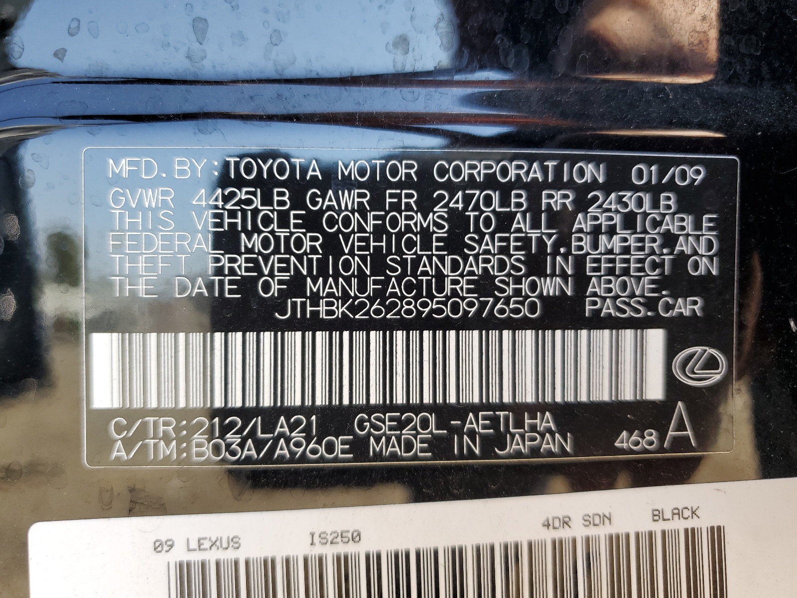 JTHBK262895097650 2009 Lexus Is 250