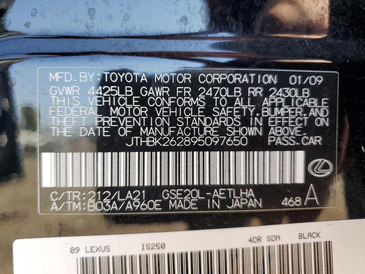 2009 Lexus Is 250 VIN: JTHBK262895097650 Lot: 64098744