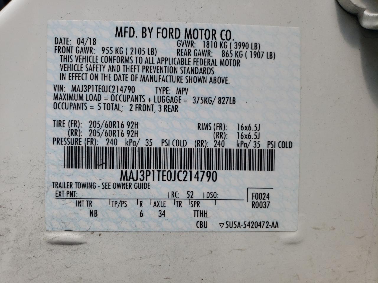 2018 Ford Ecosport Se VIN: MAJ3P1TE0JC214790 Lot: 64502584