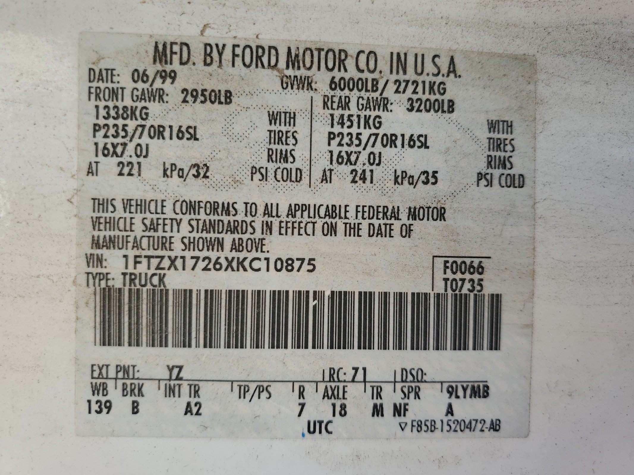 1FTZX1726XKC10875 1999 Ford F150