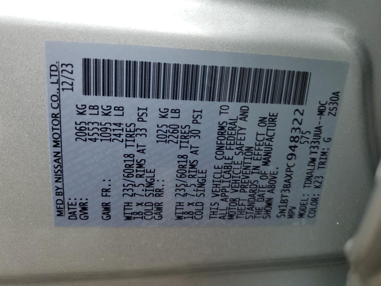 2023 Nissan Rogue Sv VIN: 5N1BT3BAXPC948322 Lot: 64210074