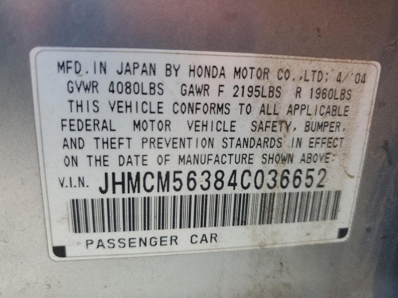 2004 Honda Accord Lx VIN: JHMCM56384C036652 Lot: 65079874