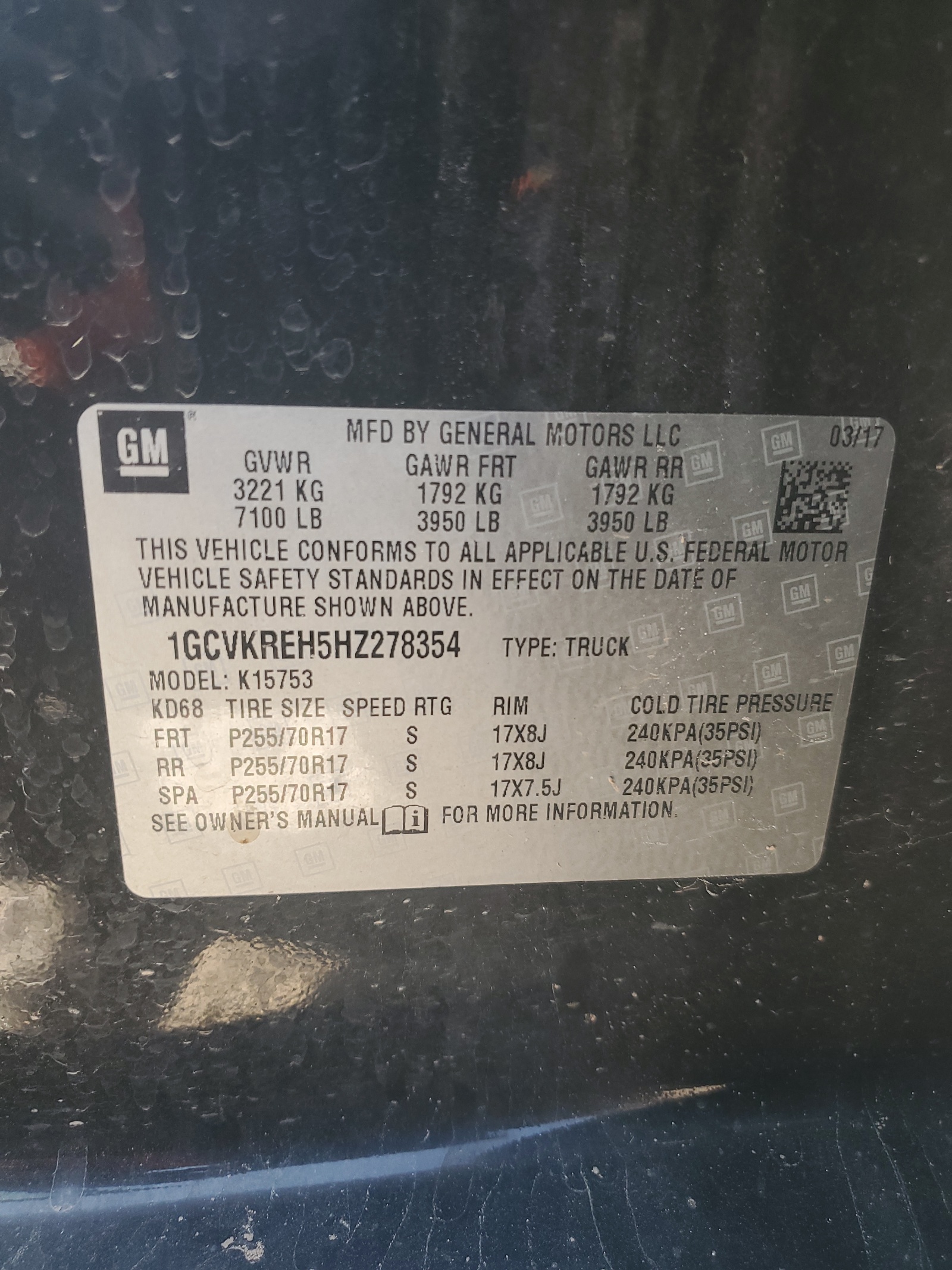 1GCVKREH5HZ278354 2017 Chevrolet Silverado K1500 Lt